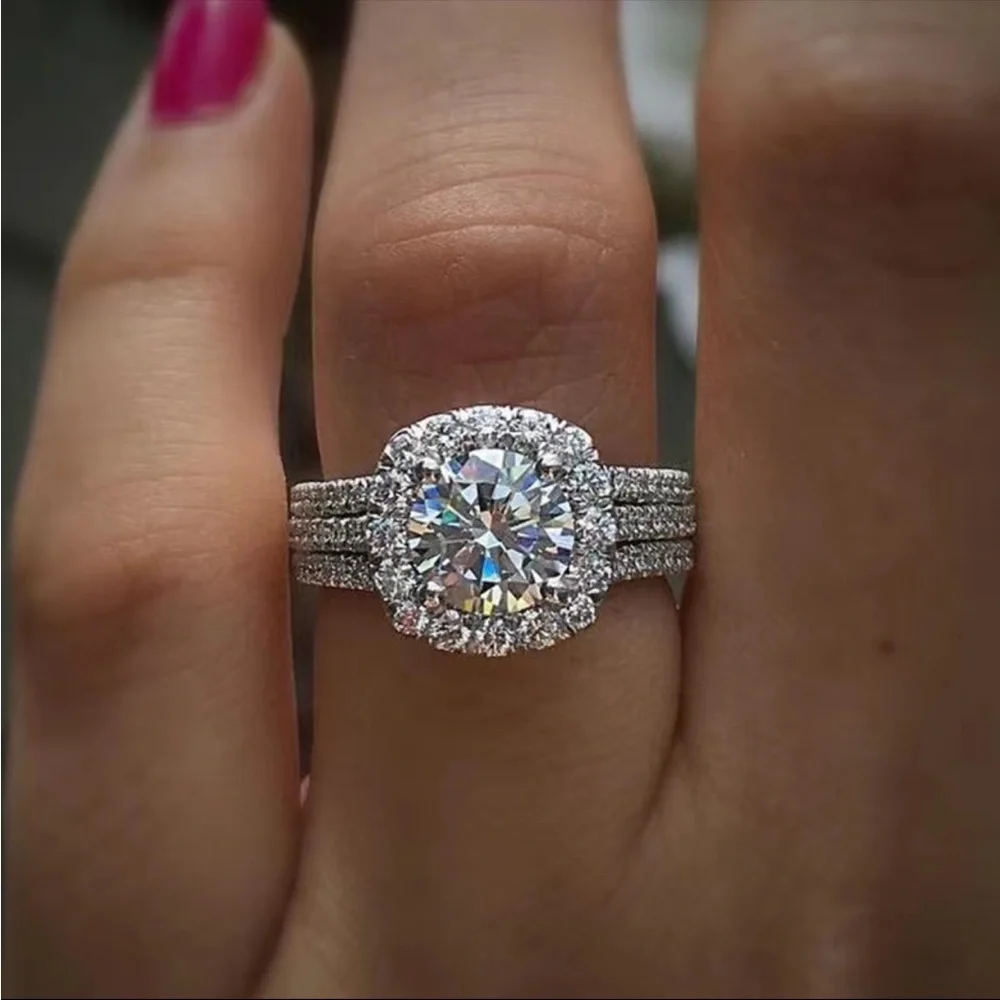 New 925 Silver Micro Pave 3 Row Diamond Women Engagement Wedding Party Ring - Picture 1 of 6